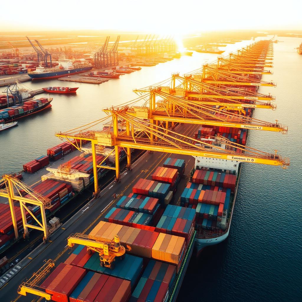 Aerial view of an international shipping port with container cranes at golden hour