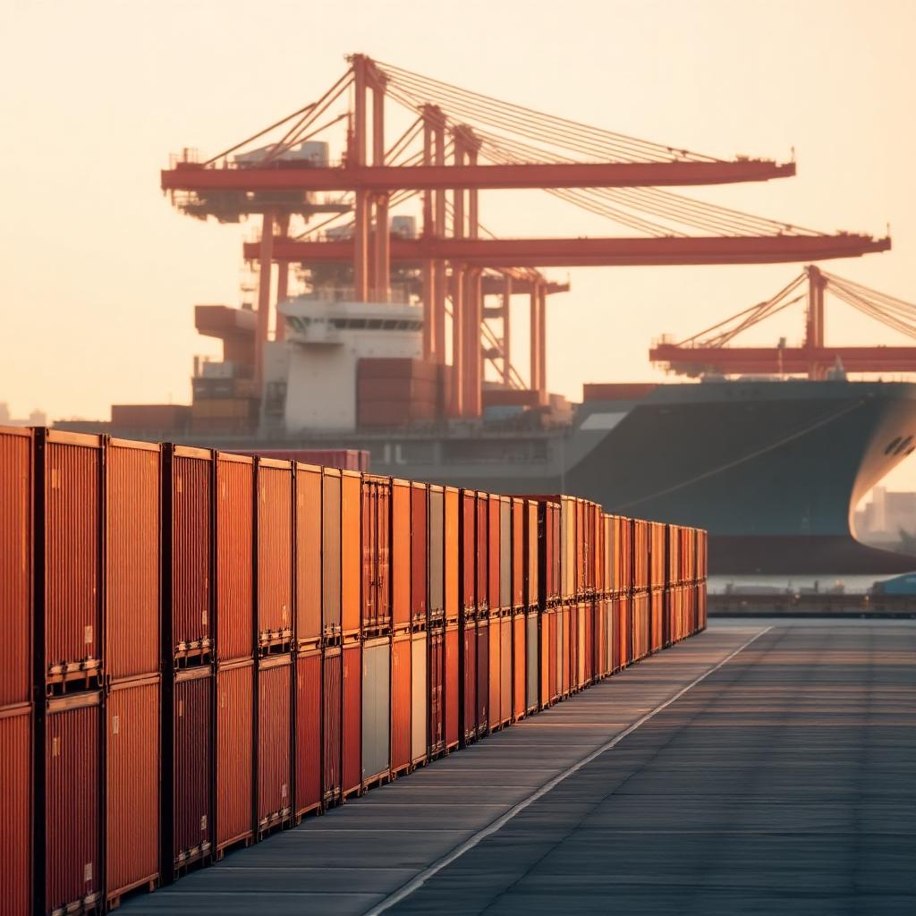 Cargo containers lined up at a global trade terminal at golden hour